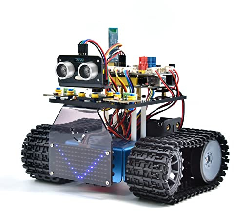 KEYESTUDIO Kit serbatoio robot intelligente per Arduino IDE, kit di costruzione elettronica con UNO R3, sensore a ultrasuoni, ecc. Robot di programmazione fai-da-te STEM educativo per 14+ adolescenti
