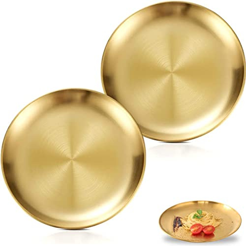 VISTYL 2 Stücke Edelstahl-Goldplatten, Runde Teller aus Edelstahl, Runde Servierplatte mit Goldenem Tablett, für Zuhause, Camping im Freien, Picknick