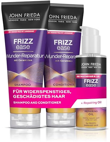 John Frieda Frizz Ease Wunder Reparatur Vorteilspack - Shampoo 250 ml, Conditioner 250 ml & Haaröl 100 ml - Sofort-Reparatur - Anti-Frizz Effekt - Haartyp: widerspenstig, frizzy, strapaziert