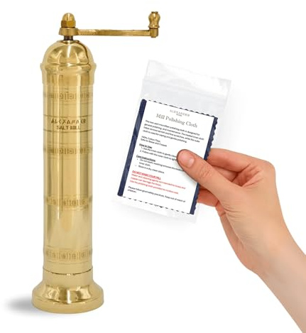 Alexander Home Original Greek Salt Mill, 9-Inch Brass – European Manual Salt Grinder, Refillable, with Polishing Cloth