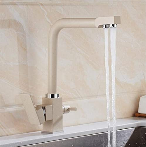 Deckmontierte Filter-Küchenarmaturen Mischbatterie 360 Rotation mit Wasserreinigungsfunktionen Mischbatterie Kran für Küche Doppelgriff 3-Wege-Wasserhahn,Beige