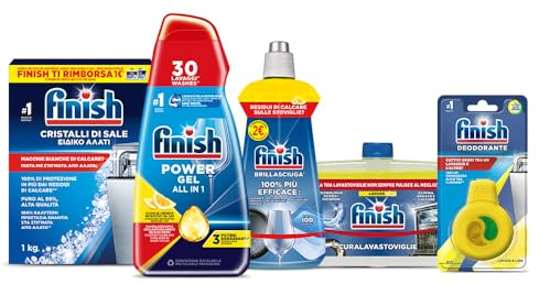 Finish Kit Lavastoviglie; Powergel Detersivo Lavastoviglie Lemon 30 Lavaggi, Brillantante Limone 500ml, Curalavastoviglie Limone 250ml, Cristalli di Sale 1kg, Deodorante