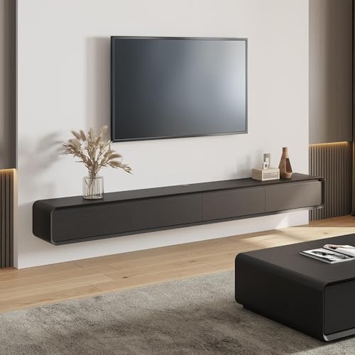 POVISON TV Schrank schwebend 240cm schwarz modern Walnussholz aus Massivholz mit 4 Schubladen, TV Lowboard hängend mit Kabelmanagement hochwertig, Komplettmöbel mit Stauraum für Wohnzimmer | Moderne TV-Konsole aus Holz zur Wandmontage mit 4 Schubladen, Media-Entertainment-Mittelschrank für Wohnzimmer