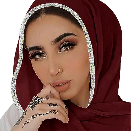 ANKOMINA Dam mjuk chiffong strass lång halsduk sjal mode muslimsk hijab huvudsjal halsdukar, Vinröd (silver strass), en storlek