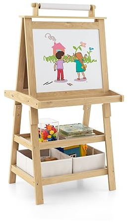 LIFEZEAL 3 in 1 - Lavagna per bambini, doppio lato, bianco e nero, cavalletto per bambini 3+ anni, con 2 scatole di immagazzinaggio, 2 ripiani, giocattolo educativo (naturale)