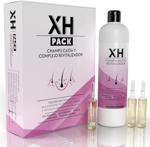 Pack Anticaida para el Cabello XH 20 Ampollas de 10ml + Champú para la Caída 500ml - Nutrido Biotina, Keratina y Aminoácidos - Previene la Caida - Tratamiento Intensivo para Mujer y Hombre