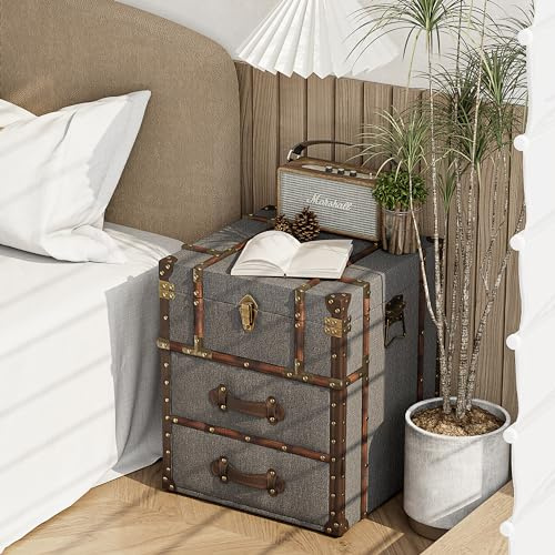 COZAYH Vintage Storage Chest with Buckle Hinged Top, Linen Accent End Side Table for Living Room, Office, Bedroom, Rectangle, Grey