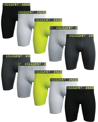 AND1 Mens Boxer Briefs - 10 Pack Performance Stretch Mens Underwear Long Leg Boxers for Men with Contour Pouch, 9 Inseam, Size Medium, Black/Green/Light Grey/Dark Grey/Grey Heather