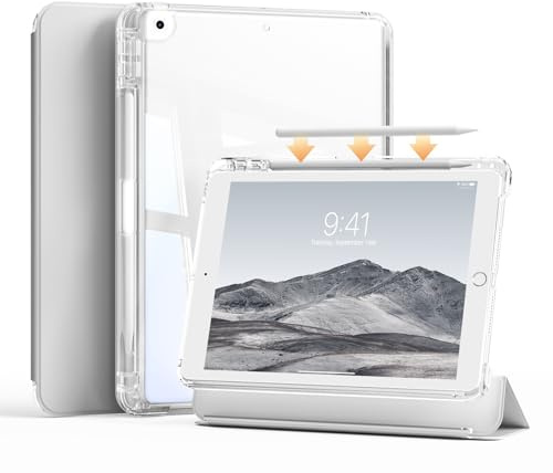 ZKTUYU Hybrid-Hülle für iPad 9./8./7. Generation mit Stifthalter 10.2 Zoll Modell 2021/2020/2019, 2-in-1 abnehmbare Abdeckung mit transparenter Hartschale auf der Rückseite, Auto Schlafen/Wachen, Grau