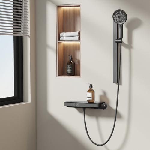 EMKE Duschset mit Thermostat, Duschstange mit Brause mit 40cm Thermostatische Platte, Design Duschstange, 3 Strahlarten Handbrause, Duschset mit Armatur, Anthrazit Matt