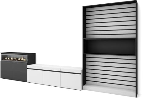 Skraut Home | Wohnwand Wohnzimmer | Wohnzimmermöbel, Möbelset | 360x186x35cm | Für TV-Geräte bis zu 65 | Elektrokamin. | Moderner Stil | Weiß und Schwarz