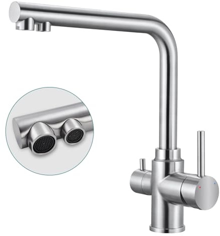 lovhaus 3 Wege Wasserhahn Küche, 360° Drehbar Küchenarmatur Trinkwasserhahn mit 2 Hebel, 3 in 1 Mischbatterie für Wasserfilter, Spültischarmatur aus Edelstahl Gebürstet