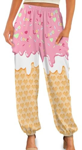 Gzzxiailg Ice Cream Kung fu Pant for Womens High Waist Tai Chi Pant Non-See-Through Pilates Dance Joggers Sporty Leggings with Pockets