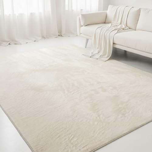 Interiyou Tapis Salon Fargo à Poils Ras - 200x290 Crème - Fausse Fourrure Douce - Lavable et antidérapant - Texture Moelleuse - pour Chambre, Bureau, Couloir