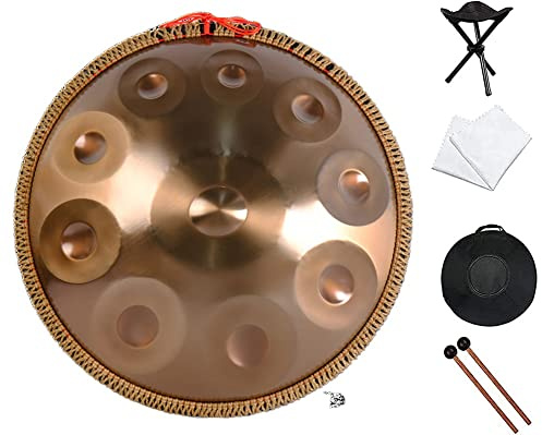 Handpan Drum D-Moll 10 Noten Steel Drum Percussion für Yoga/Meditation/Zen Bildung - Inklusive Tasche, Schlägel, Ständer und Tuch