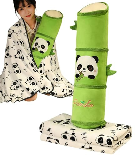 Reisedecke Kissen - Panda Kissendecke 2-in-1, lustige Flugzeugdecke - Lange zylindrische Form, Nackenkissen, kompakte Reisedecke Auto Flughafen Camping