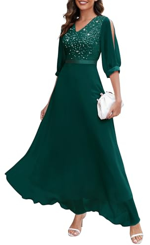 Wedtrend Aftonklänning, elegant för bröllop, V-ringad, chiffong, cocktailklänning för kvinnor, lång examensklänning med delade ärmar, halvlånga ärmar, spetsklänning med paljetter, Mörkgrön, XS