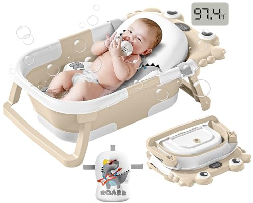 Faltbare Baby-Badewanne für Säuglinge bis Kleinkinder, mit Echtzeit-Temperaturmonitor + schwimmendem Kissen, faltbares Baby-Badewannen-Set, anwendbar 0–36 Monate, tragbare Reise-Babywanne für