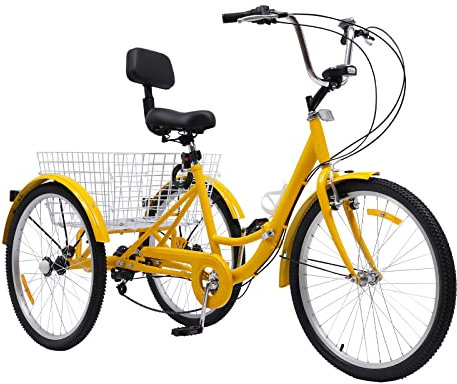 RUETERY Trehjuling för vuxna, 24 tum 7-växlad växel vikbar trehjuling, lastcykel, 3 hjul cykel med mugghållare, shoppingkorgar och strålkastare, för shopping och sightseeing