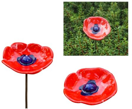 Midene Gartenstecker Keramik Handgefertigt - Gartendeko für Draußen Wetterfest - Garten Deko Keramik - Blume Gartenfiguren & Gartenstatuen - Mohn