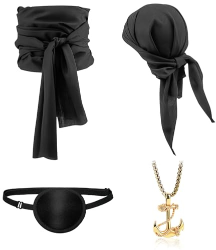 NebulaGlam Piraten Accessoires Set, Piraten Stirnband Taillengürtel mit Augenklappe Halskette, Piratenkapitän Mittelalterliche Große Schärpe für Karneval Halloween Frauen Männer (Schwarz)