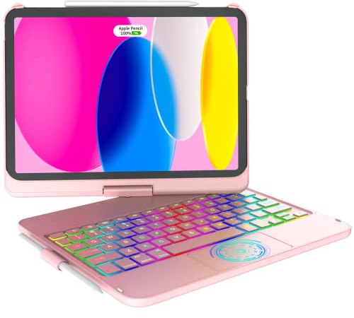KARFUN Keyboard Case for iPad A16 11th Gen 2025 and iPad 10th Gene 2022 | 10 Color Backlight, Smart Off/Up, Multi-Touch Trackpad, 360° Rotatable Stand & Pencil Holder, Pen not included, RoseGold