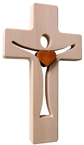 Kaltner Präsente Geschenkidee - Design Wandkreuz Buche mit Echtholz Herz aus Nussbaum Holz Kreuz für die Wand Kruzifix modern (Höhe 20 cm)