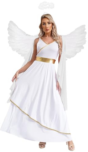 RUNQHUI Disfraz de ángel para mujer, vestido blanco, largo, alas + halo, diadema, ángel, cosplay, carnaval, Halloween, color blanco, 4XL