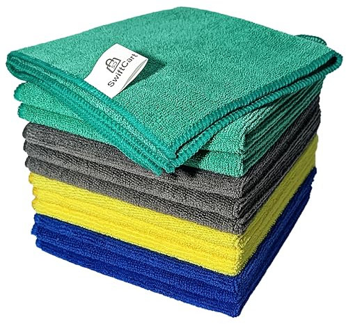 SwiftCart Microfibre Cloth | Size 32cm x 32cm | | Pack of 12 | Lint Free, Thick, Super Absorbant Microfibre Cleaning Cloths for Home & Kitchen, Glass, Windows, cars & all types of cleaning.