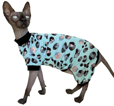 Sphynx Cat Four Leg Cotton Pajamas Elastic Pet Clothes for Hairless Cats Surgery Recovery Suit Undershirt Thermal Clothes for Sphynx, Devon, Cornish (Mint Leopard, L)