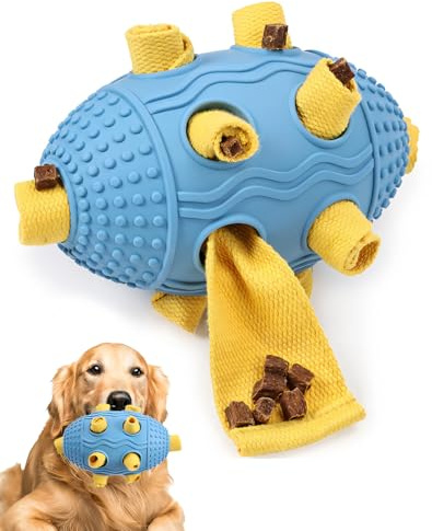 Interactive Dog Toy with Natural Rubber Soccer Design, Dental Care, Pet Energy Relief Brain Teaser Toy, Activity Training Foraging Toy, Mentally Stimulating Slow Feeder Dog Treat Dispenser Blue
