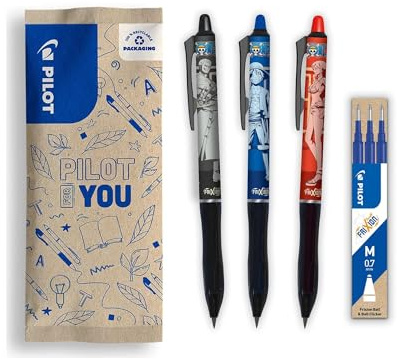 PILOT x ONE PIECE - 3er-Set FriXion Ball Plus, Schwarz, Blau, Rot + 1 Set mit 3 blauen Minen + 4 Sticker - Löschbare Stifte - Limitierte Auflage One Piece - Aus Recyceltem Kunststoff - Mittlere Spitze