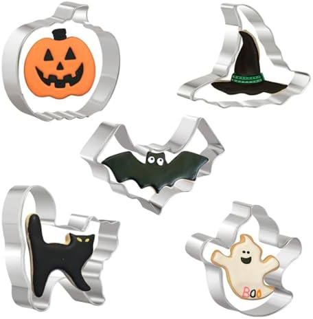 JUGUTA Halloween Ausstechformen Set 5 Stück Edelstahl, Keksausstecher – Kürbis, Fledermaus, Hexenhut, Katze, Geist, Ausstechformen Für Halloween Party Dekorationen
