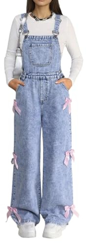 Vuncio Denim Overalls Teen Girls with Bow Baggy Dungarees Jumpsuit Sleeveless Adjustable Wide Leg Jeans Teen Girls Loose Comfy Fall Casual VVacation Age 8-15 Years (Sky Blue, 14-15 Years)