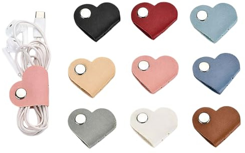 Whispern Cloud 10 Pack Heart Shape PU Leather Cable Organisers | Reusable Snap Button Cord Clips, Tangle-Free Cable Organiser for Earphones, Chargers & USB Wires, Portable, Random Colours