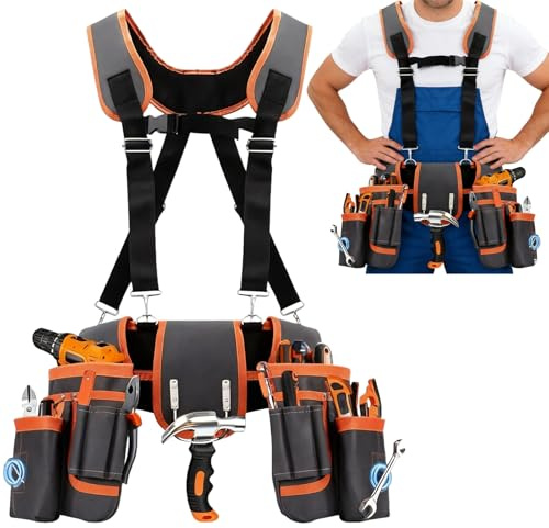 Cinturón de herramientas, riñonera con 26 bolsillos, bolsillos magnéticos para herramientas, para hombre, riñoneras desmontables (26 tasche + bretelle)