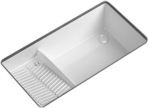 Fregadero de Lavandería Blanco con Tabla de Lavar Integrada, Un Solo Seno con Grifo Extraíble y Kit de Desagüe Completo, Lavabo Sobre Encimera para Cocina y Lavadero(44x35x14.5cm/17.3x13.7x5.7in)