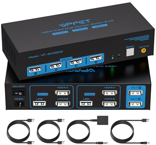 CMSTEDCD 4K@60Hz KVM Switch 2 Monitors 2 Computers HDMI USB 2.0 KVM Switches Dual monitor for 2 PC Share 4 USB Ports Support Extended & Copy Display 2 USB 3.0 cables Wired Controller Included