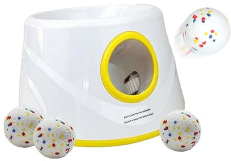 kurflo Automatischer Ballwerfer für Hunde, Automatischer Ballwurf, inkl. 3 verbesserter ETPU-Bälle, 3 Wurfweiten, Automatisches Auffangen, Ideal für Kleine, mittele Hunde Größe S (Weiß-Blau)