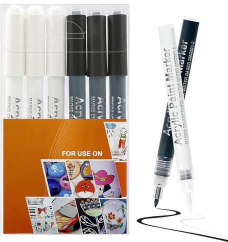 flintronic Acrylmarker Set Schwarz & Weiß, 6er Set Acrylmarker auf Wasserbasis, 0,7mm Acrylstifte auf Feiner Spitze, Acrylfarben Stifte für Stein, Keramik, Glas, Reifen, Stoff, Metall, Leinwand, Holz