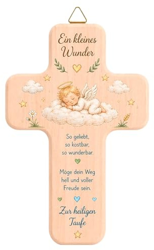 AHEJIOO Handgefertigtes Taufe Geschenk - Holzkreuz mit Schutzengel-Motiv und Segensspruch, Taufgeschenk Deko, Süßes Taufgeschenke für Mädchen & Jungen