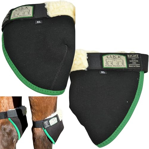 Click Horse Hock Shield, Hock Shield for Horses w/Fleece Lining, Prevents Hock Sores & Bed Sores, Tear Resistant Protectors, Black w/Green Trim Horse Size 13-15.9