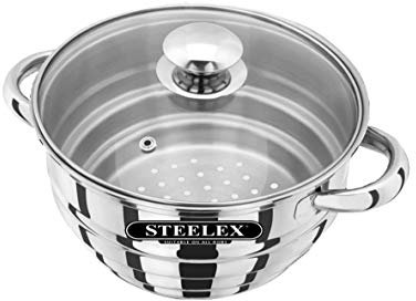 STEELEX Inserto per vaporiera multiuso in acciaio inox con coperchio in vetro per pentole da 16/18/20 cm Casseruola Inserto per vaporiera universale Cestello lucidato a specchio