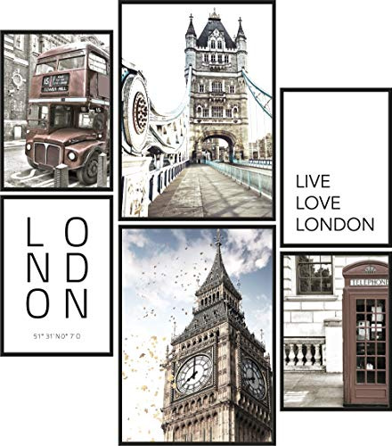 Papierschmiede® Set Mood Posters, Tableau Décoration Murale sans cadres « Londres » Bureau, Salon, Deco Chambre Parentale, Cuisine, 2x A4 et 4x A5, Big Ben Tower Bridge Inghilterra UK