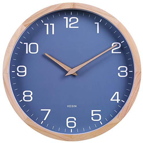 Kesin Wall Clock 12 Inch Silent Non Ticking Wood Wall Clocks Battery Operated - Wooden Blue Modern Simple Clock Decorative for Kitchen,Living Room,Bedroom,Kid’s Room