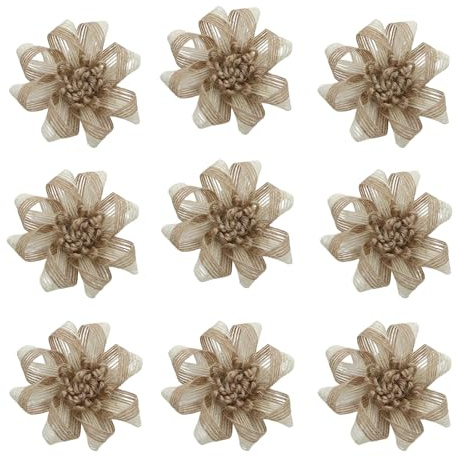 QUUPY 9 flores de arpillera hechas a mano, naturales, rústicas, rosas, cordel de yute, flores de arpillera para manualidades, bodas, fiestas de Navidad, decoración de regalo