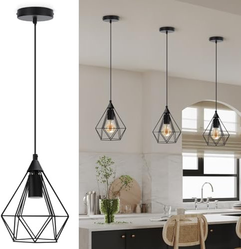 Black Pendant Light Fitting with Shade, Aigostar Cage Pendant Light, E27 Metal Wire Basket Light Pendant, Industrial Ceiling Pendant, Adjustable Cage Ceiling Lighting, Hanging Lights for Kitchen