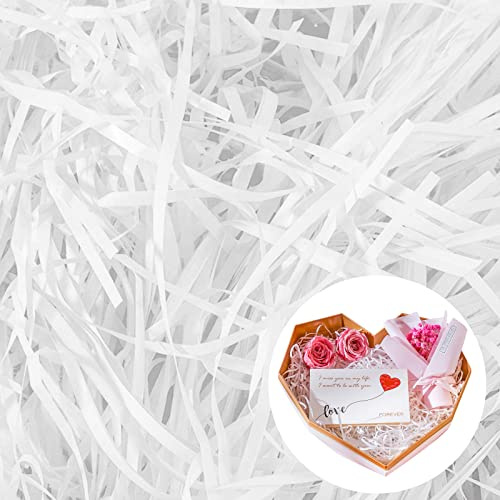 Cinvo 200gramos de papel triturado de confeti de papel de seda de rafia filamentos de corte fino para caja de regalo, decoración de embalaje, relleno de cesta de relleno,suministros de fiesta (blanco)
