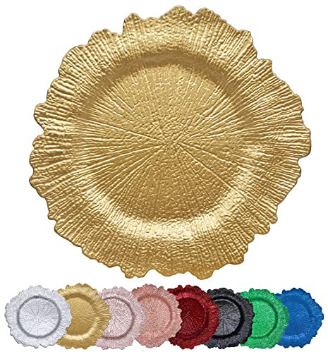 DaCakeWS Gold Reef Charger Plates,10 Pack 13 Gold chargers for Dinner Plate-Reusable Plastic Charger Plates,Round Table Chargers for Wedding,Party,Event,Decoration(Reef Gold10)