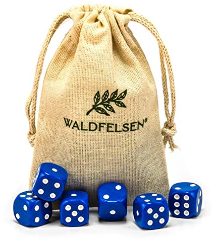Waldfelsen Lot de 6, 12, 20, 30 ou 50 dés de haute qualité de taille standard de 16 mm en acrylique - Dés de jeu Dice à 6 côtés - Accessoires de jeu avec sac en tissu (bleu, 6 pièces)